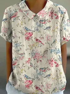 Women's Vintage Floral Print Shirt Blouse, Boho Casual Short Sleeve Top for Daily Holiday Vacation Wear, Ladies Clothes for All Seasons, Boho Fashion Shirt, Womenswear