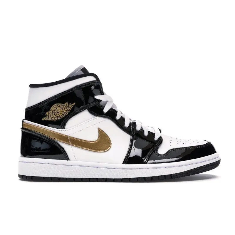 Jordan Men's 1 Mid Patent Black White Gold Basketball Shoes, from StockX