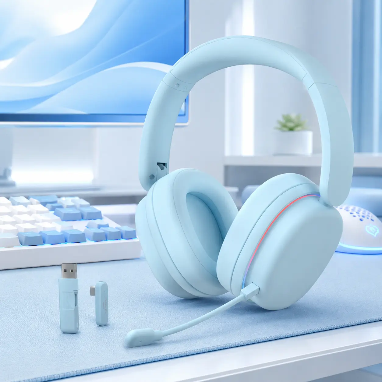 AULA G7 Pro Sky Blue Wireless Gaming Headset with Noise-Canceling Mic, 7.1 Surround Sound Over-Ear Headphones, 10ms Low Latency, Bluetooth 5.3 & RGB Lighting for PC/PS5/Switch