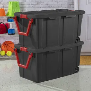 Open Box Sterilite Extra-Large Wheeled Industrial Storage Bin, 40 Gallon Durable Plastic Storage Tote with Latching Lid and Pull Handle, Black, 2 Pack