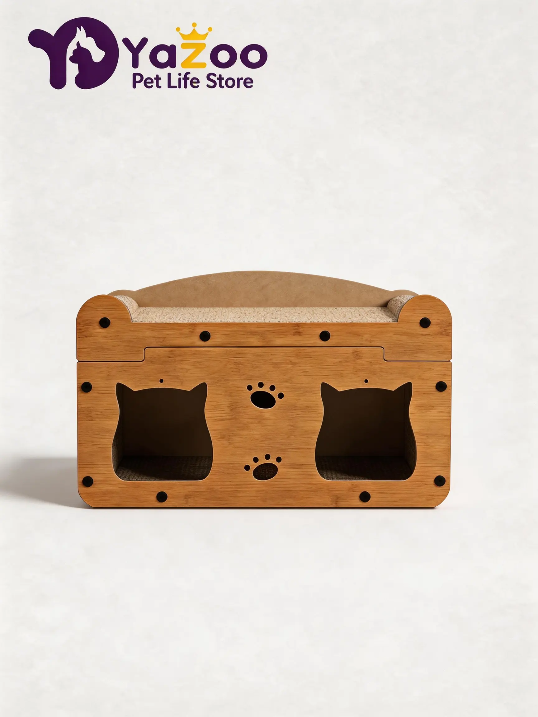 Walnut Cat Head Cat Scratch Board House 2-in-1 for Scratching Resting and Playing Natural Wood Design