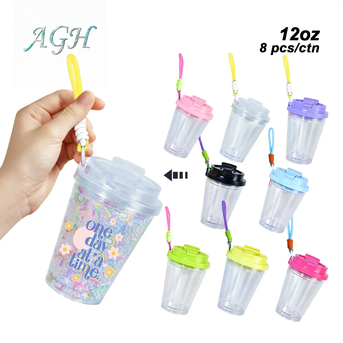 AGH US New Collection 8pcs/16pcs 12oz 2-in-1 Double Walled Snow Globe with Mixed Color Dual Lids and Straps, with Pre Drilled Hole And Plugs