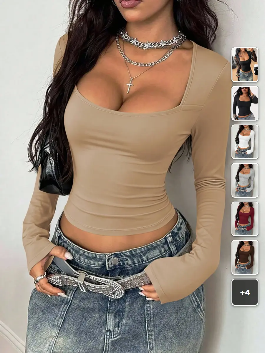 Leopard Print Bustier Long Sleeve Top Y2K Stretchy Square Neck Streetwear