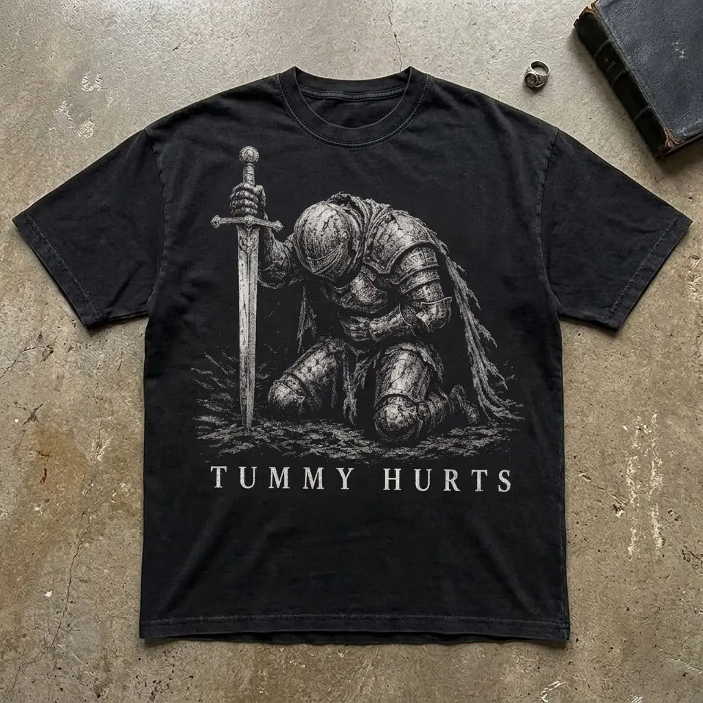 Tummy Hurts Knight Shirt, Funny Dark Fantasy Graphic Tee, Ironic Meme T-Shirt