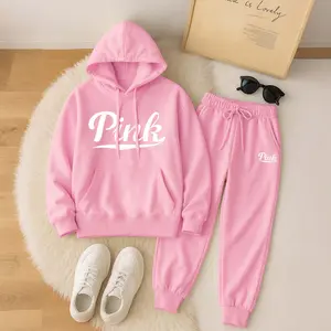 Women's Pink Polka Dots Print Hoodie And Drawstring Track Pants Set, Casual Sportswear, Long-Sleeved Hooded Jacket And Pants, Suitable For Autumn And Winter, Everyday Wear, Indoor And Outdoor Sportswear, Casual Sportswear.