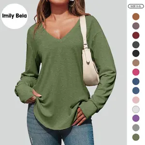 Imily Bela Womens Deep V Neck Tunic Tops Long Sleeve Oversized Casual Loose Fit Curved Hem T Shirts