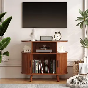 35'' Fluted Record Player Stand with Charging Station - Mid Century Turntable Cabinet for Living Room, Large Vinyl Storage & Display Shelf