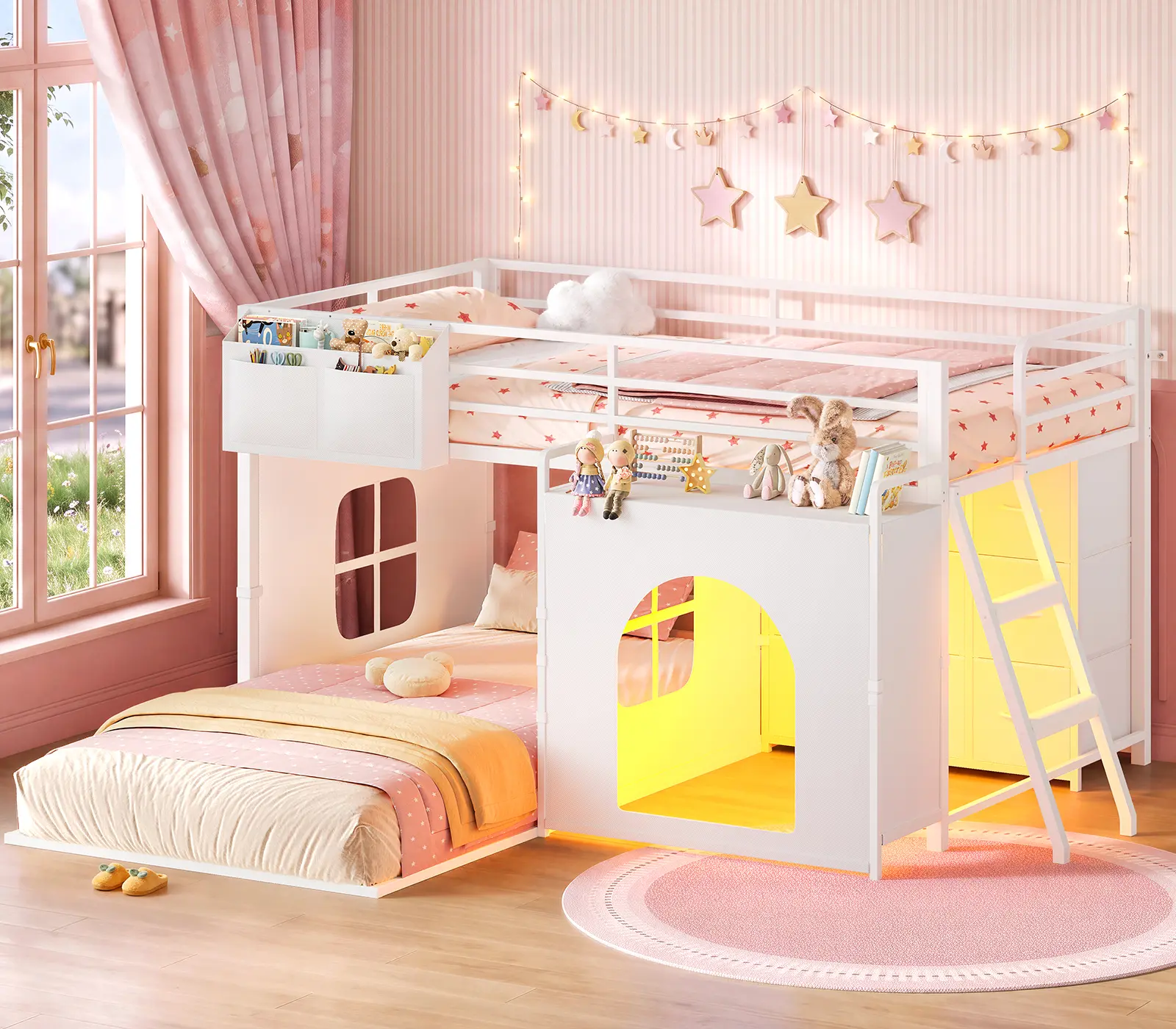 Bunk Bed Twin Over Twin with 9 Drawers, LED Lights & Inclined Ladder, Metal Bunk Bed with  Safety Guardrail, L-Shaped Twin Bunk Beds with Under-Bed Play Space, Curtain, Side Pocket, Open Shelves, White