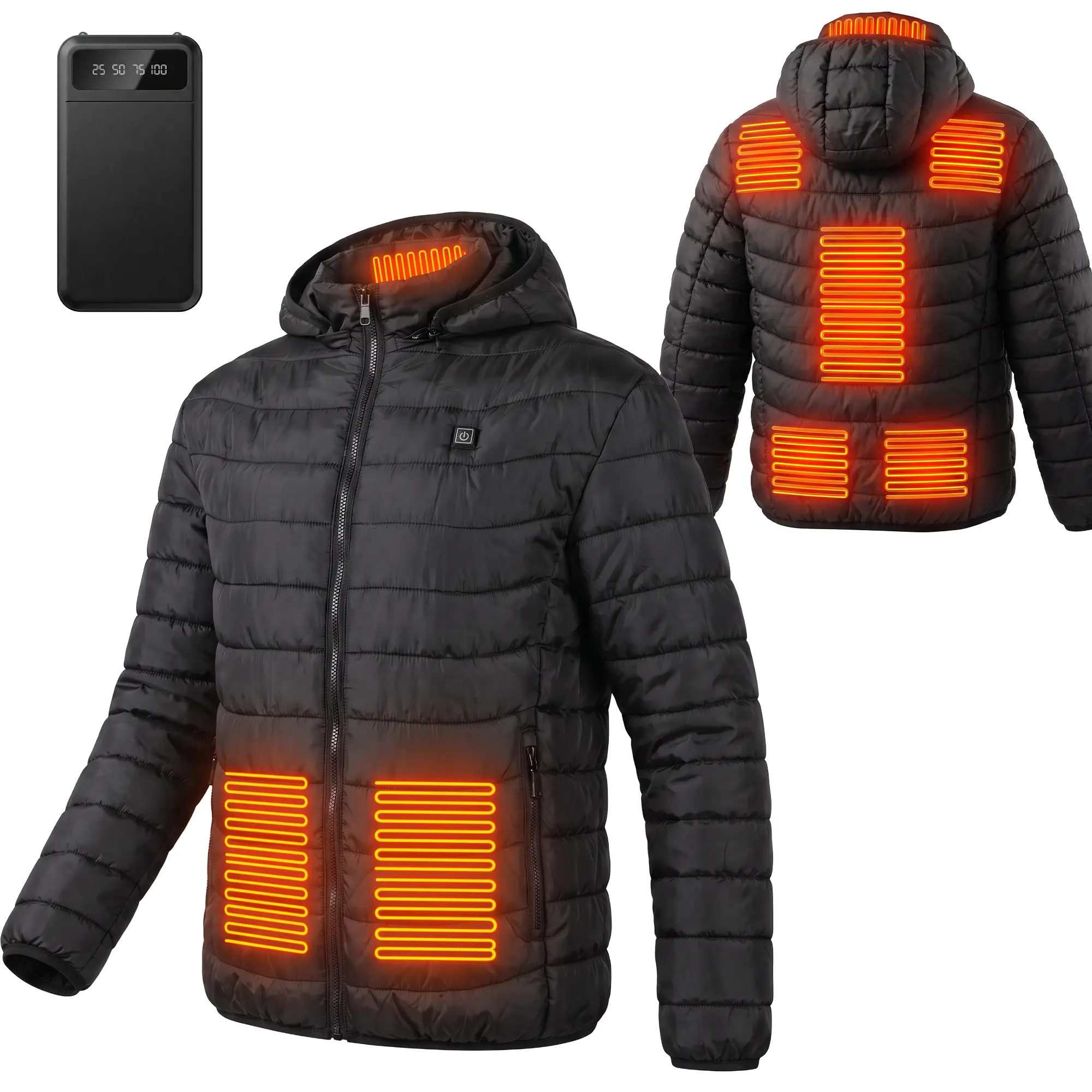 Men's Regular Fit Waterproof Heated Jacket - Long Sleeve Fashion Tops, Included Battery Pack, 9 Heating Zones, Independent Switch, 3 Adjustable Heat Levels, for Outdoor Work, Mens Gifts for Christmas