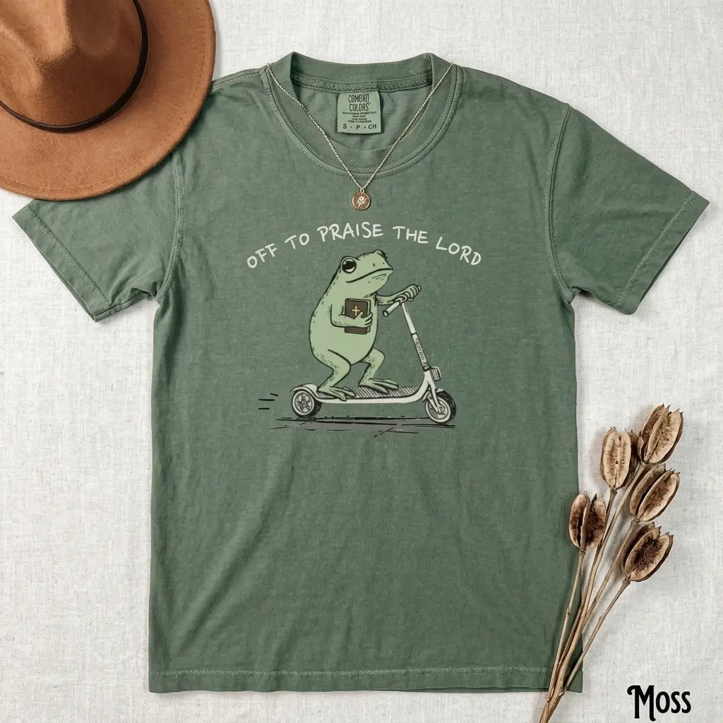 Comfort Colors Christian T-Shirt, Unisex Garment-Dyed Tee, Funny Frog Off To Praise The Lord, Bible Study Shirt, Jesus Church Faith Humor,
