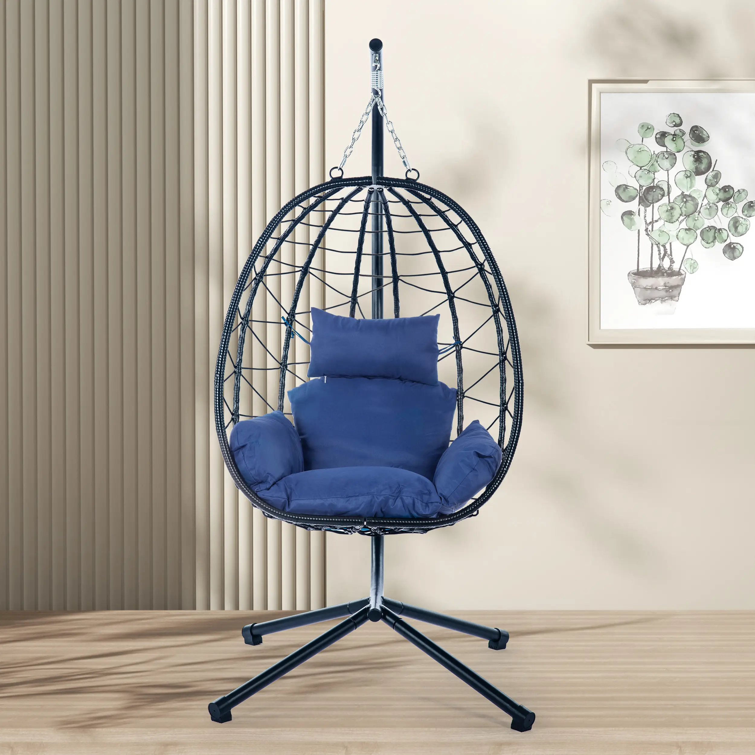 Hanging Egg Chair with Stand - Supports 350lbs, Indoor Outdoor Wicker Rattan Design with Grey Cushions - Ideal for Bedroom, Balcony, Garden, or Poolsi