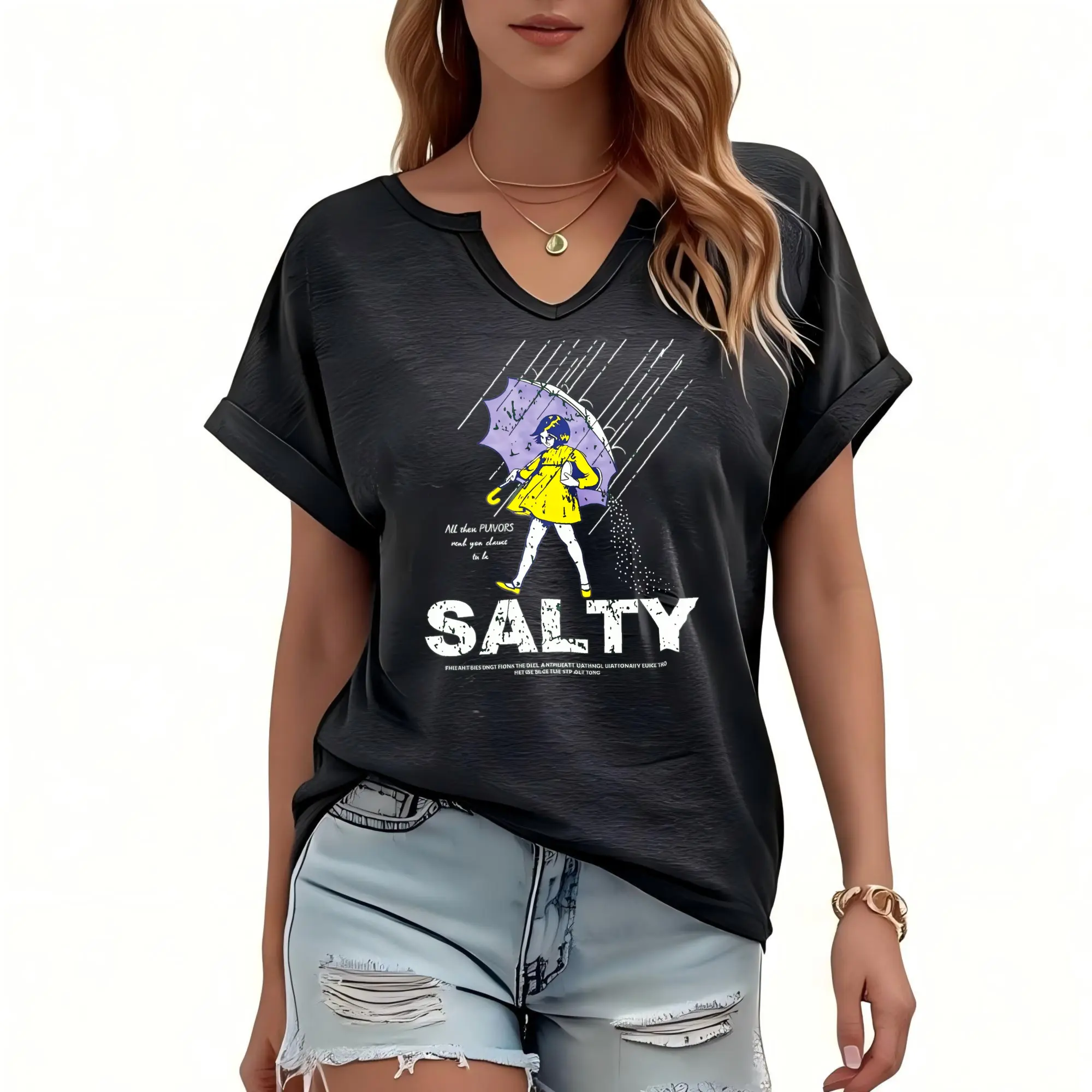 Women's V-Neck Graphic T-Shirt, Chic Summer Top in a Lightweight Knit, Loose Fit with Batwing Sleeves and Rolled Cuffs, Tshirt, Ballet, Linen