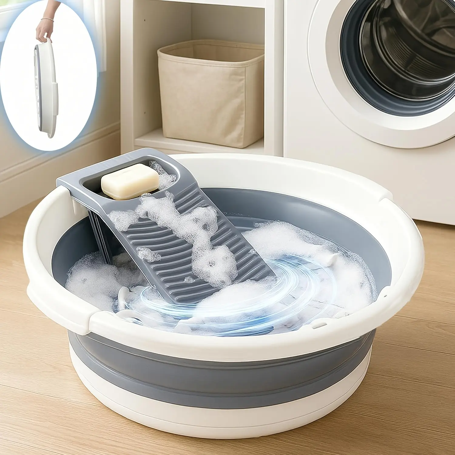 1pc Large Plastic Collapsible Clothes Wash Basin with Scrubbing Board, Cleaning Brush - Portable Space-Saving Non-Slip Wash Tub, Box Packed for Delicates, Home & Travel Use