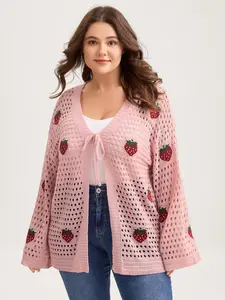 【 V-neck】 Bloomchic Strawberry Jacquard Embroidery Tie Knit Cardigan Acrylic Long Sleeve Fitted Casual Top V-neck Loose Fit Fall Season Nudepink Color Knitwear Belt Womenswear SpringStatements