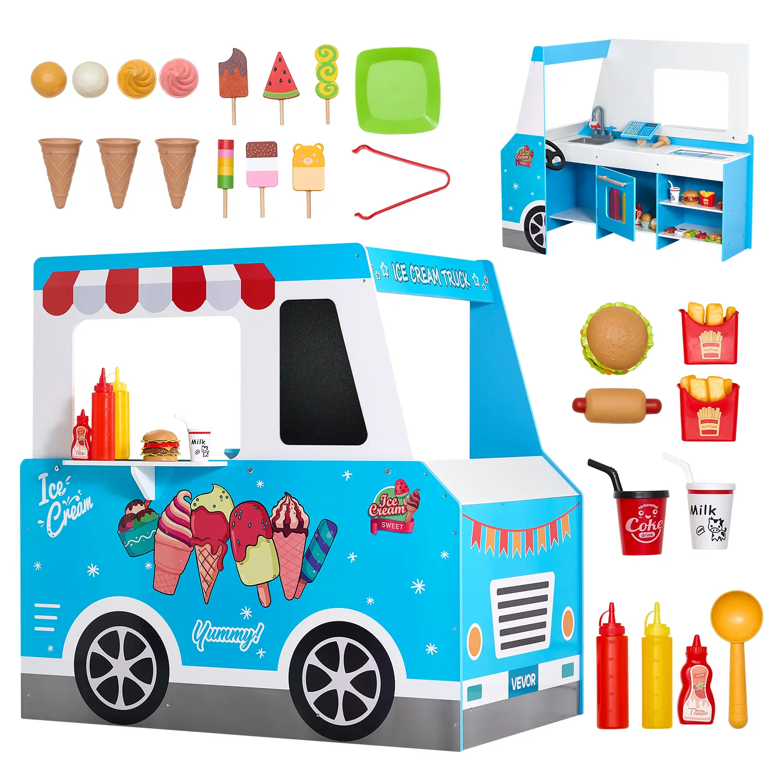 VEVOR Kids' Wooden Ice Cream Cart Multi Activity Playset (20+ PCS) - Kitchen Pretend Play Stand with Steering Wheel, Chalkboard, Payment Scanner, Freezer, Faucet, Sink, Wooden Play Food Accessories - For Ages 3-7, Gifting Occasions, Playful K#BacktoSchool
