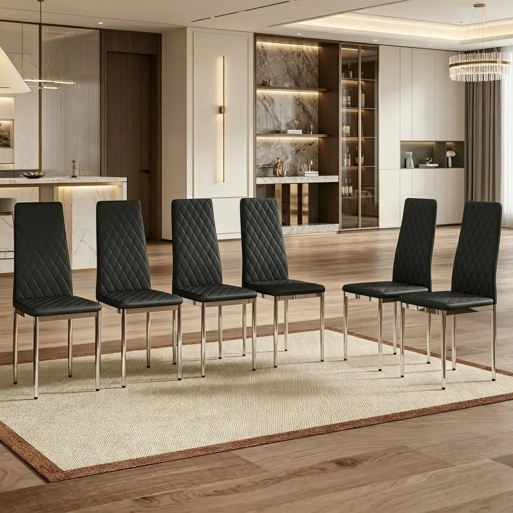 Set of 6 Modern PU Leather Dining Chairs, Ergonomic Diamond Back with Silver Metal Legs for Kitchen, Minimalist Dining Room Decor Black