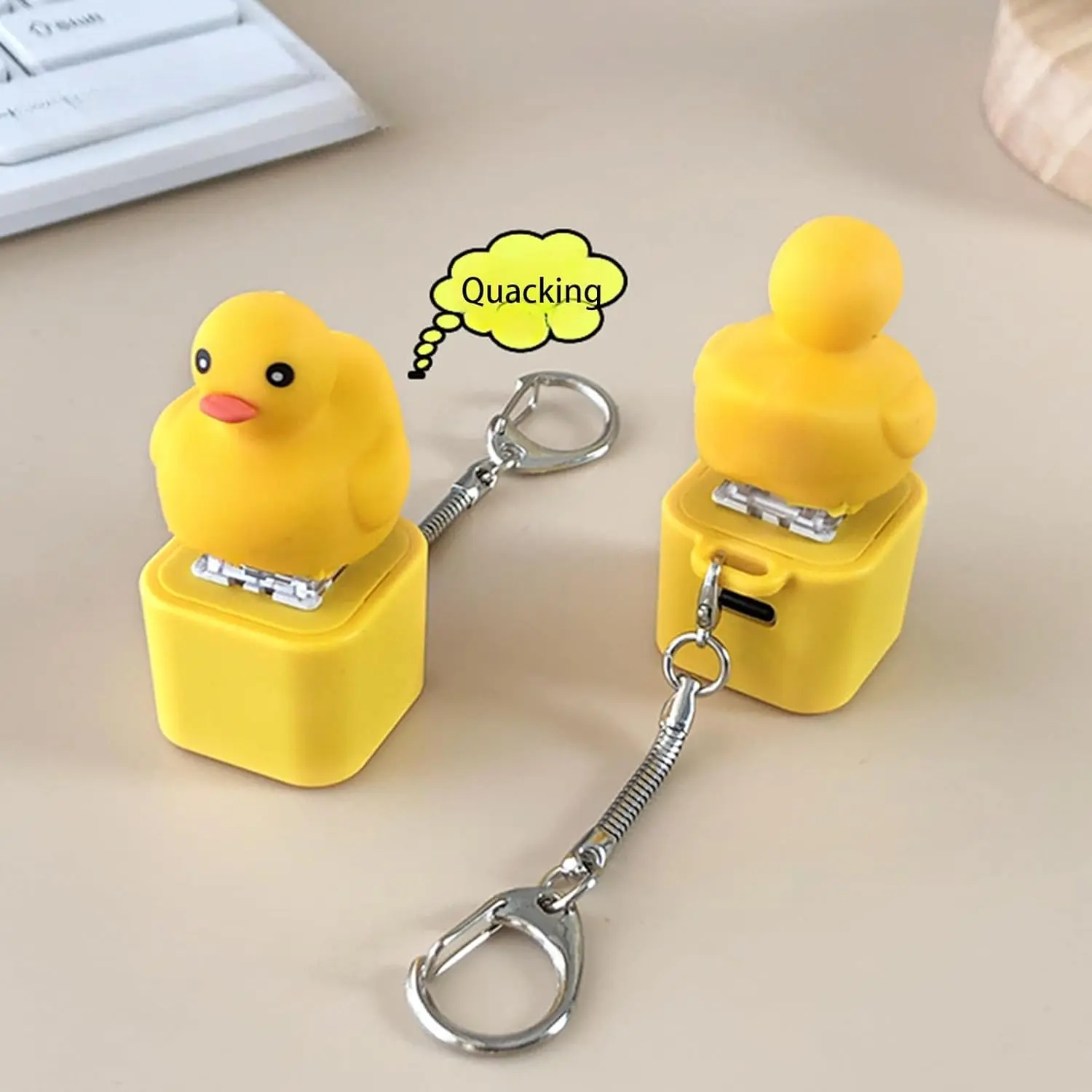 Duck Quacking Keychain & Cat Meowing Keychain, Funny Quacking Duck Hat Keychain, USB Rechargeable Sensory Button Quacking Duck Toy Keychain
