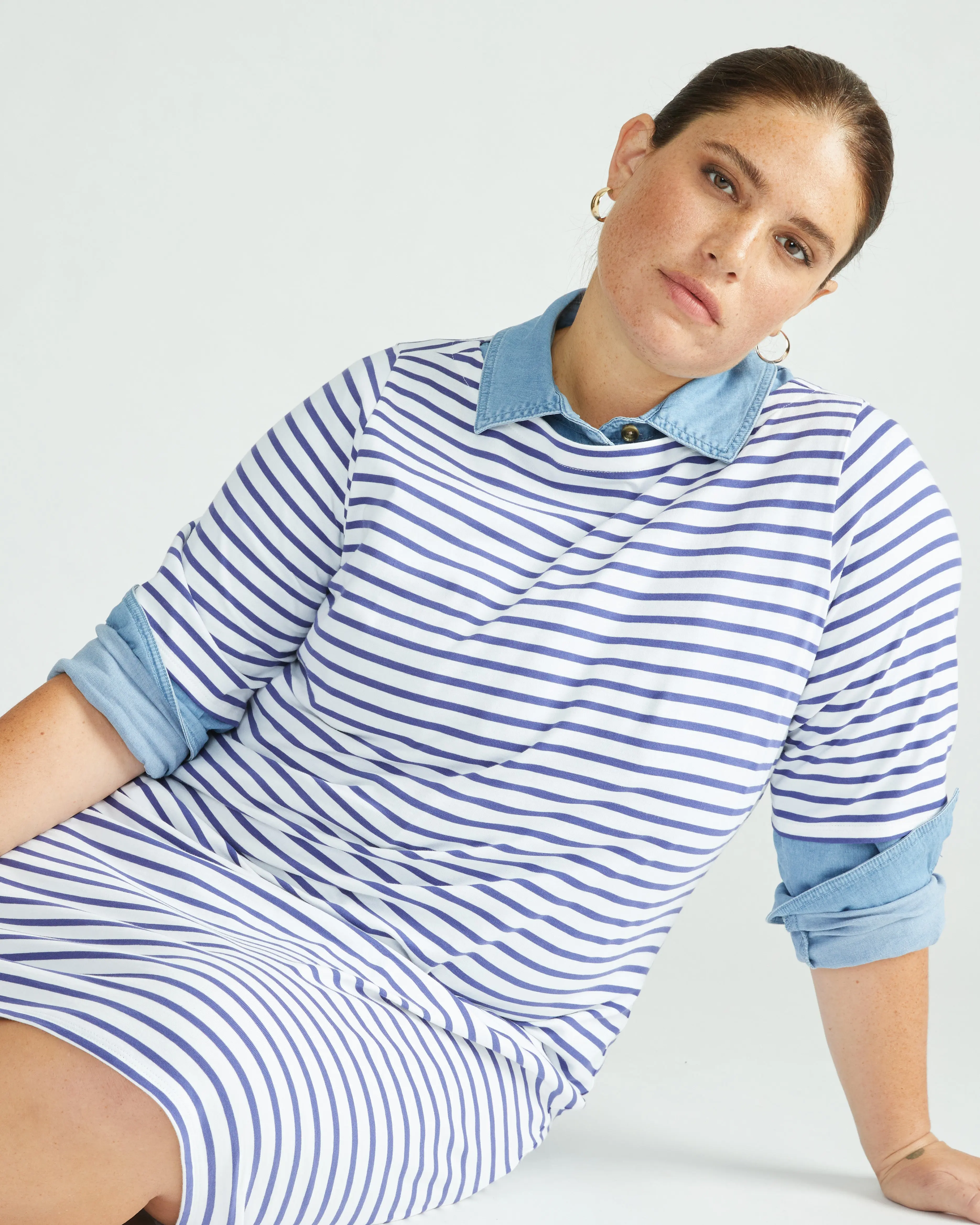 Women's Jersey Knit Compact Yarn-Dyed Black and White Striped Dress - Short Sleeve Boat Neck, New Fabric Soft Yet Substantial Between-Seasons Casual Summer Staple