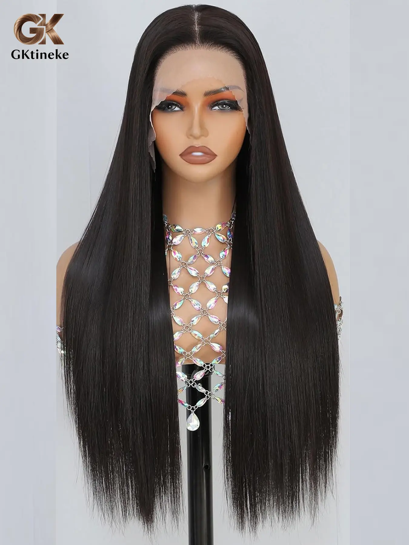 Gktineke 30 Inch Straight Long Hiar Lace Front Wig Pre-Tied Ready Wear, HD No Glue 13x5x1 Women Synthetic Lace Front Black Blond Wig 180 Density Glueless Lace Frontal