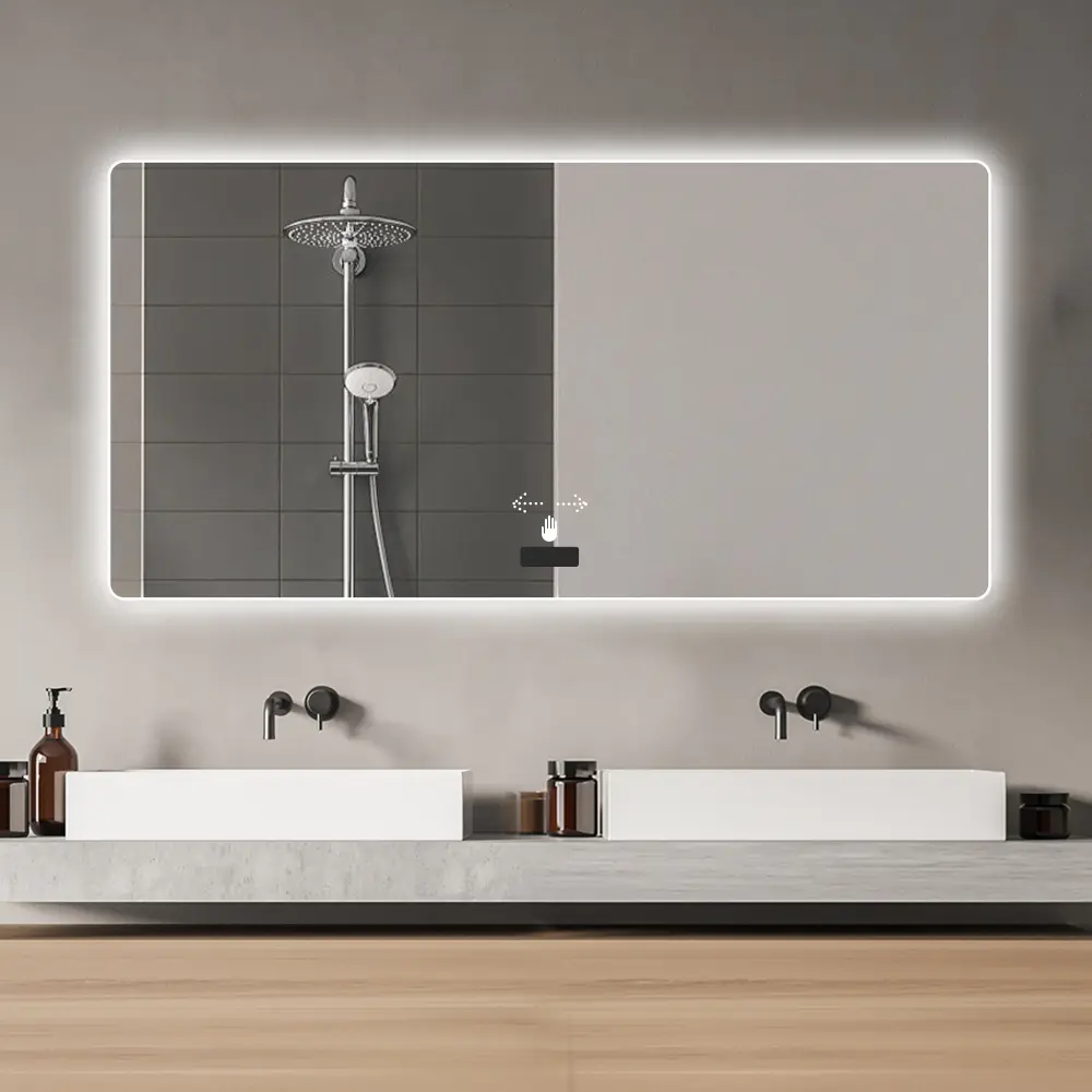 48x32in Modern Rectangular Frameless LED Backlit Bathroom Mirror - Adjustable Tri-Color Dimming, Anti-Fog, Waterproof, Smart Sensor, Good Heat Dissipation
