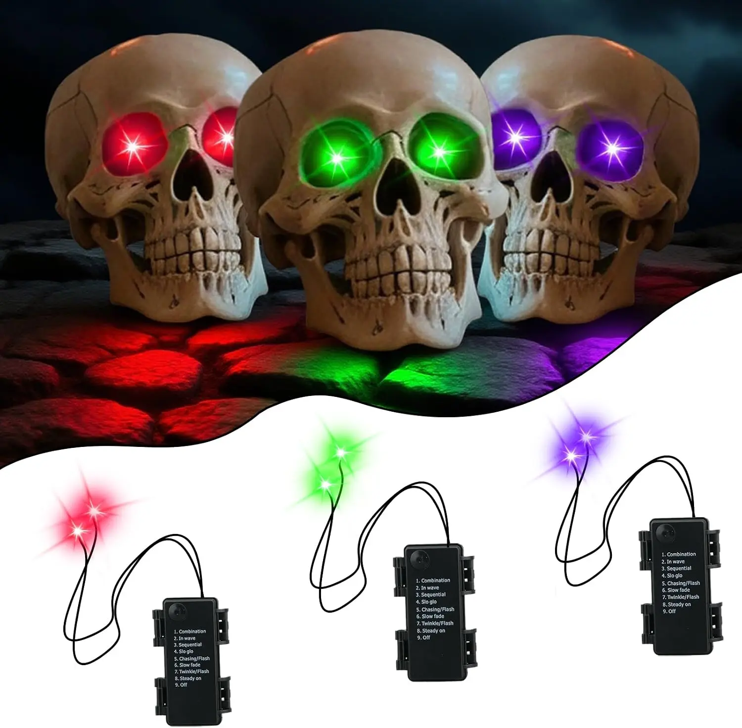 3-Pack LED Glowing Skeleton Eyes Halloween Decorations - Battery-Operated Light-Up Skull Eyes with Timer, 8 Lighting Modes for Outdoor Spaces, Haunted House Decor, Masks