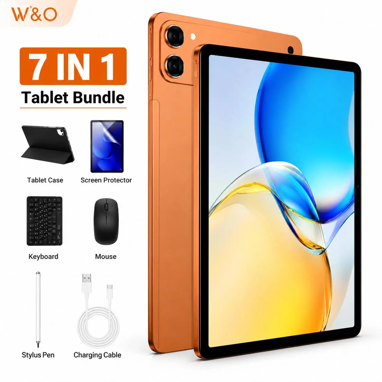 【Deals for you】W&O 11 Inch Android 15 Tablet, 12GB RAM 256GB ROM, 10000mAh Battery, 7-in-1 Tablet Bundle with Bluetooth Keyboard, Mouse, Case, Stylus, Dual Camera, Type-C Portable Affordable Tablets, Back to School Gift