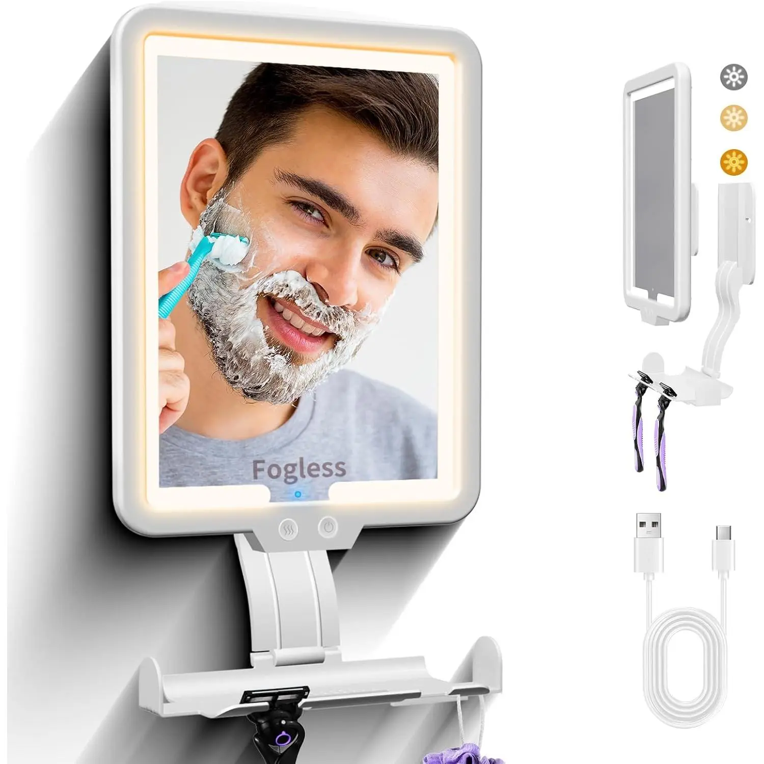 Fogless Instant Heated Shower Mirror for Shaving Women Makeup Removing, Anti fog Mirror with 3-Color Dimming Rechargeable Light, 2 Ways Wall Mounted Lighted Shower Mirror