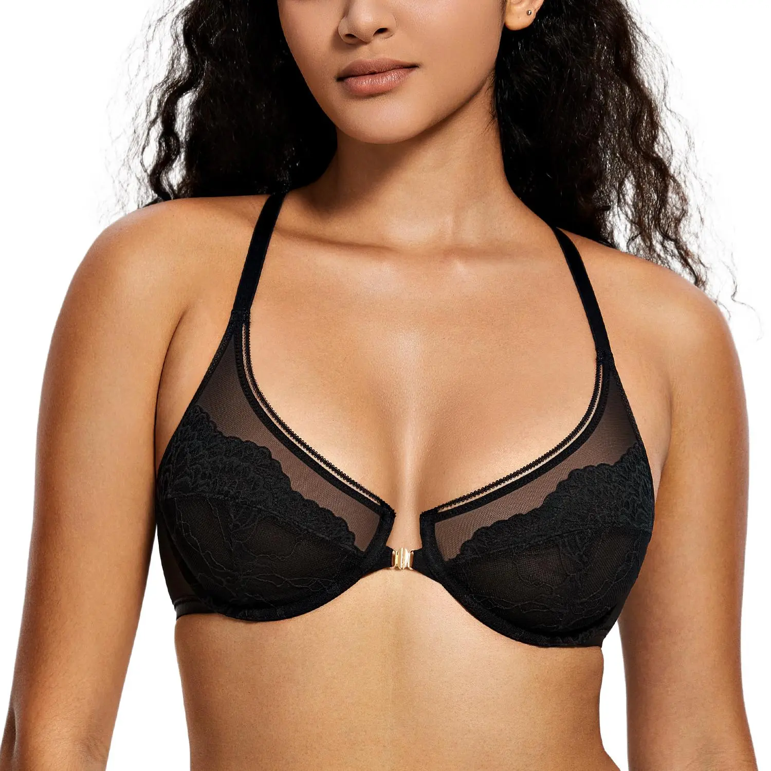 Deyllo Women's Lace Front Closure Underwire Bra - Semi-Sheer, Unlined Racerback for Everyday Comfort and Style (Lace, Racerback Everyday Bras), Lace Everyday Bras