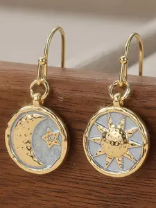 Vintage Copper Handcrafted Sun and Moon Earrings with Synthetic Zirconia, Bohemian Style Dangle Earrings for Women