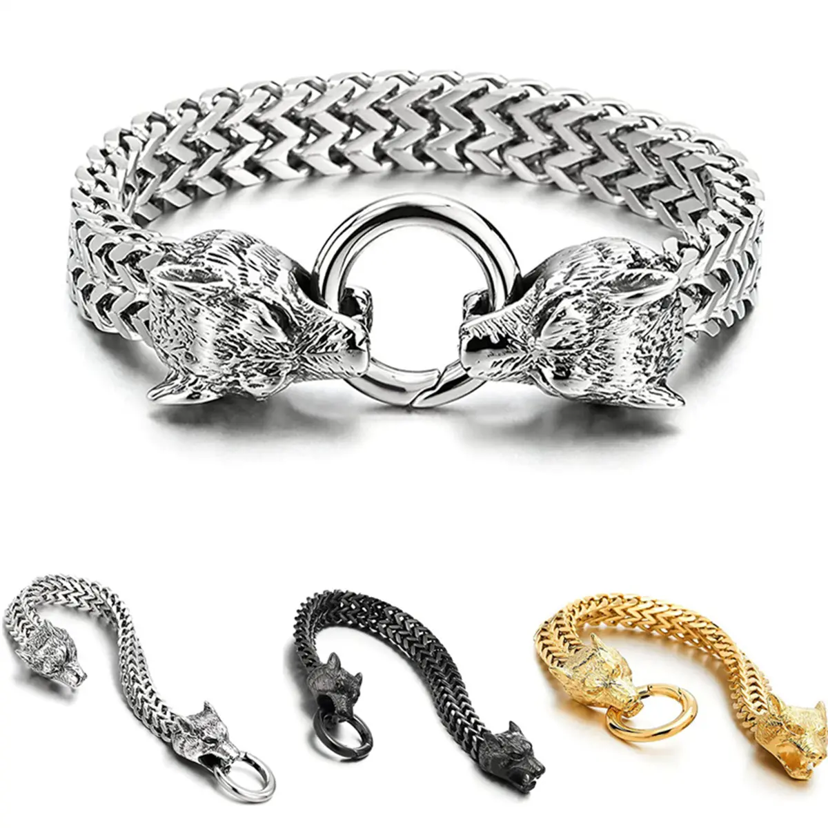 Silver Wolf Head Bracelet for Men, Rugged Stainless Steel with Distressed Finish, Symbolizing Power - Ideal Gift