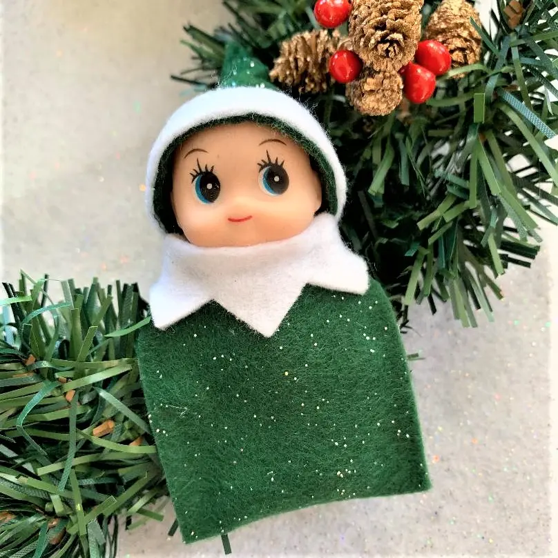 Green Baby Elf Christmas Elf Figurine - Miniature, Tiny, Hat & Sweater, Gift Decor for Home