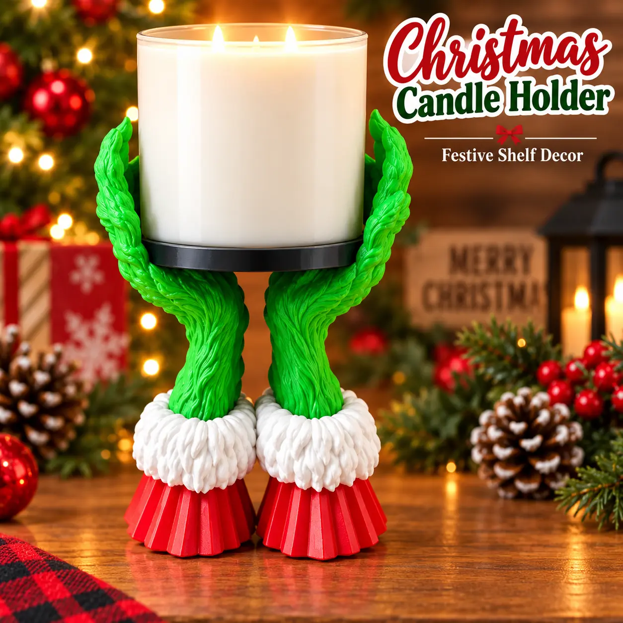 Christmas Green Hands Candle Holder, Funny Holiday Jar Candle Stand with Red Shoes & White Cuffs, Festive Shelf, Mantel & Table Decor for Christmas Gifts