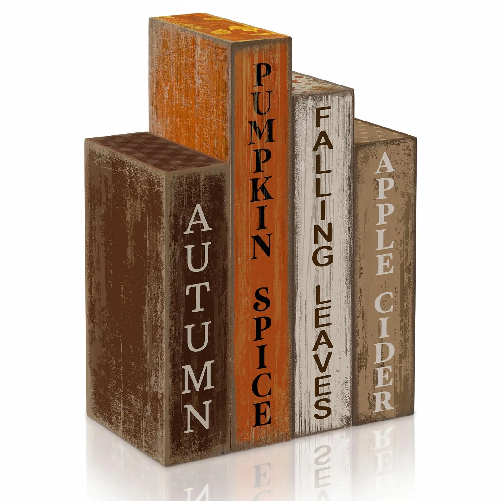 Set of 4 autumn wooden desktop decorations: Thanksgiving tiered tray decor, simulated stacked book display sign, fall harvest party home Thanksgiving tabletop ornament (pumpkin design).