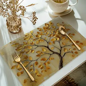 Golden Leaves Tree Printed Placemats, Set of 4 Washable Kitchenware Table Mats, Decorative Kitchen Dining Table Accessories, Model Xinghao
