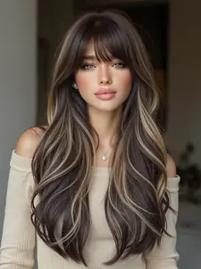 24 Inch Bangs Highlights Curly Hair Wig for Women, Stylist Friendly Wig, Natural Daily Wear Heat Resistant Silk, Versatile Styling False Hair, Synthetic Material Wigs, Synthetic Machine Wigs