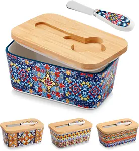 vancasso SIMI Butter Dish with Lid, 6.5" Large Butter Dish for Countertop, Bohemian Ceramic Butter Keeper Container with Knife and Bamboo Lid, Butter Holder for Counter
