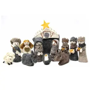Global Crafts 12pc Handmade Felt Nativity Set w/ Storage Barn