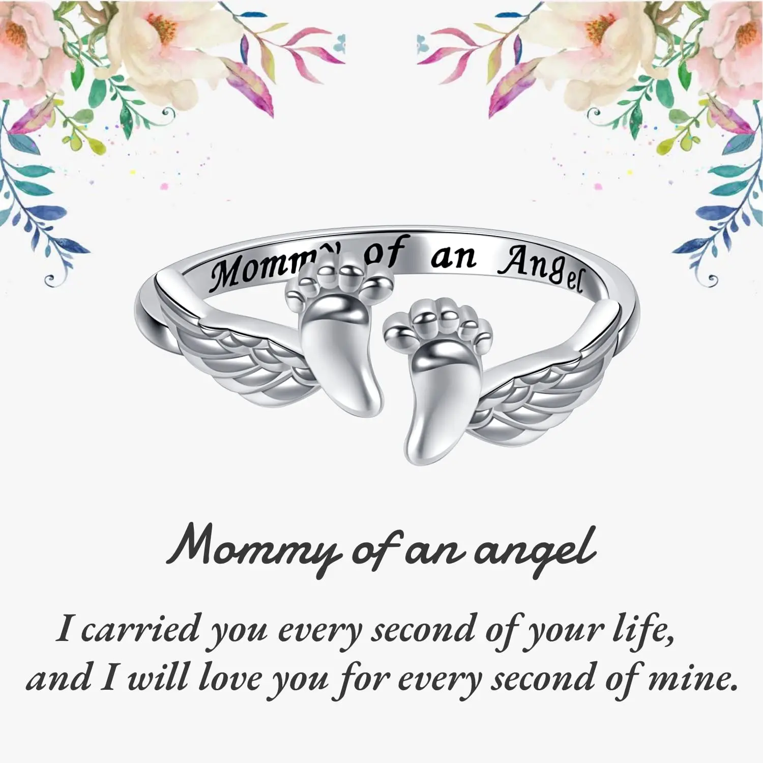 Women's Elegant Adjustable Polished Silver Footprint Wings Cuff Ring - Remembrance Costume Jewelry for Grieving Moms, Mommy of an Angel, Multi-Size Daily Wear Gift