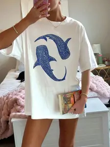 Soft Breathable Fabric Whale Shark Graphic Tee, Print, Oversized Casual T-Shirt for Women, Y2K Beach Vacation Outfit, Summer Travel Streetwear, Casual Streetwear Essentials, Lightweight Comfy Material Loose Top for Daily Holiday Teen Girls