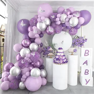 Purple Silver Butterfly Balloon Garland Arch Kit,118pc Latex Balloon for Wedding Birthday Party Decoration,Metallic Silver Confetti Balloon Decor