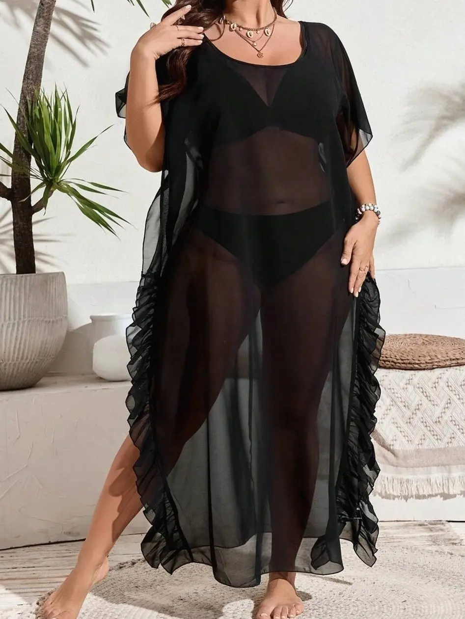 Plus Size Black Sheer Mesh Maxi Cover Up, Ruffle Trim Side Slit Beach Kaftan Dress