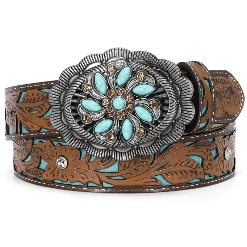 XZQTIVE Women's Western Style Leather Belt, Floral Embossed, 2 in 1 Aluminum Metal Belt with Rhinestone Turquoise Longhorn Bull Animal-Antler Buckle, Brown, Aluminum Metal Women's Belts