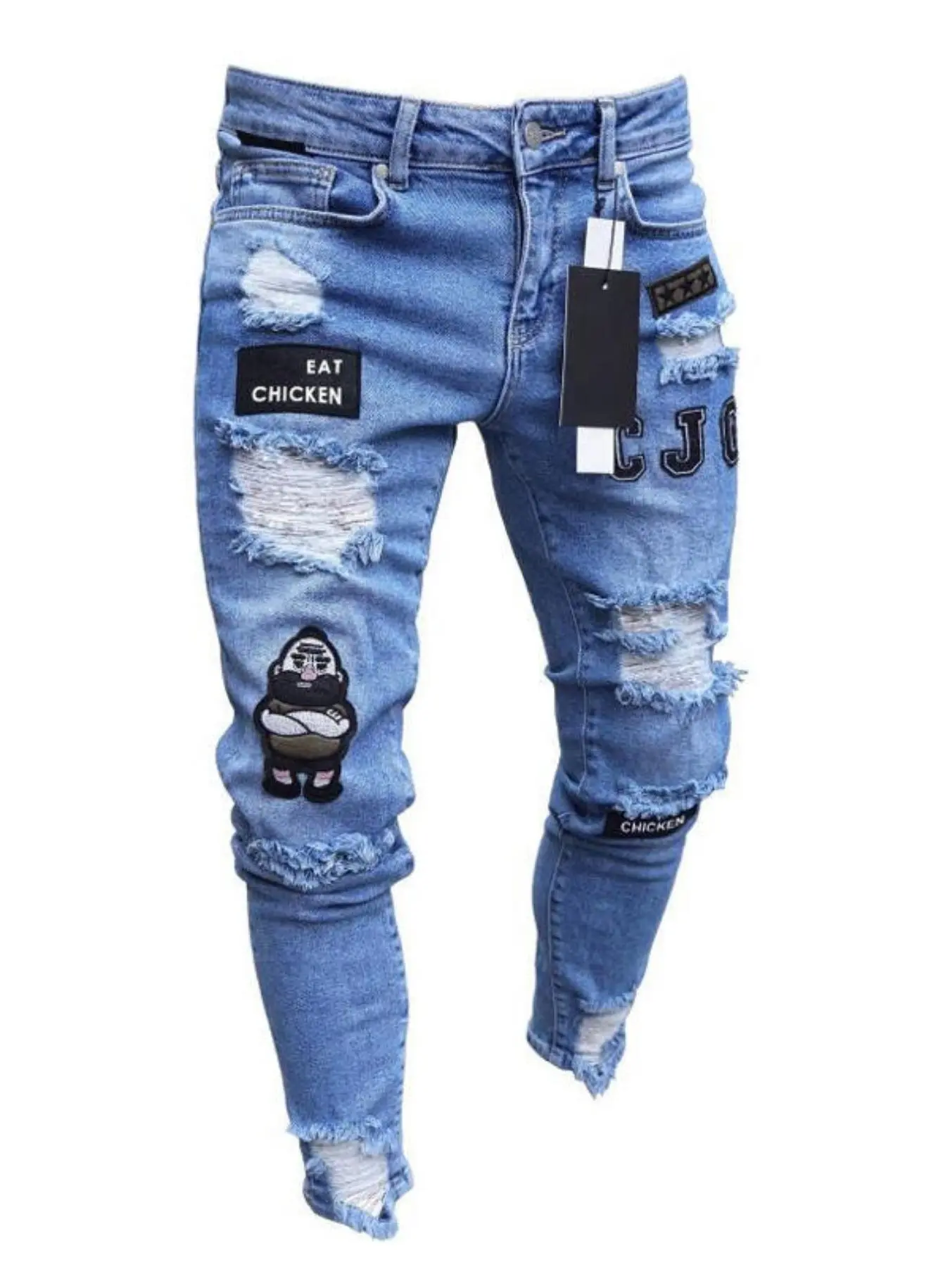 Men's Regular Fit Chicken Embroidery Ripped Slim Frayed Hem Jeans Distressed, Casual Comfy Denim Pants for Daily Wear, Fashion Men's Bottoms for All Seasons