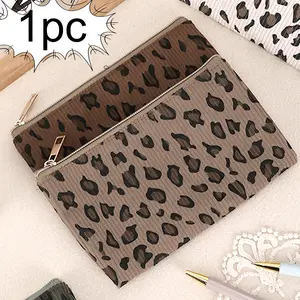 Leopard Print Corduroy Single Layer Pencil Case / Flat Cosmetic Bag, Makeup Bags, Multi-Purpose Portable Pouch for School, Office & Daily Use
