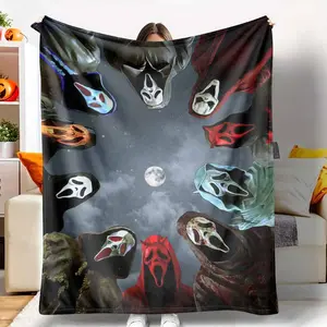 Horror Mask Flannel Blanket Moonlit Hooded Skull Print Design Soft Warm Lightweight Fade Resistant Cozy Throw Perfect for Sofa Bedroom Camping Halloween Party Gift Decor