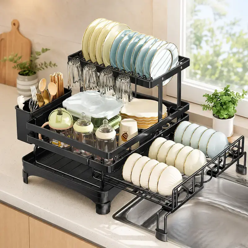 [DealsForYouDays] Foldable Over Sink Dish Drying Rack Pull-Out 2-Tier Dish Drainer with Utensil Holder Space Saving Kitchen Organizer for Small Kitchens