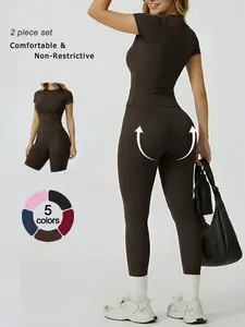 2 Piece Women's Yoga Outfits, Sporty Breathable Outfits, Crew Neck Short Sleeve Top High Waist Butt Lifting Leggings Solid Color Soft Breathable Nylon Fabric High Stretch Skin-Friendly Sports Fitness Wear for Gym, Outdoor Fitness & Daily Wear