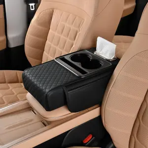 Car Center Console Armrest Pillow, Memory Foam Leather 5 in 1 Vehicle Arm Rest Cover with Tissue Box 2 Side Storage Bag Cup & Phone Holder, Auto Armrest Cushion, Universal Fit (Black)