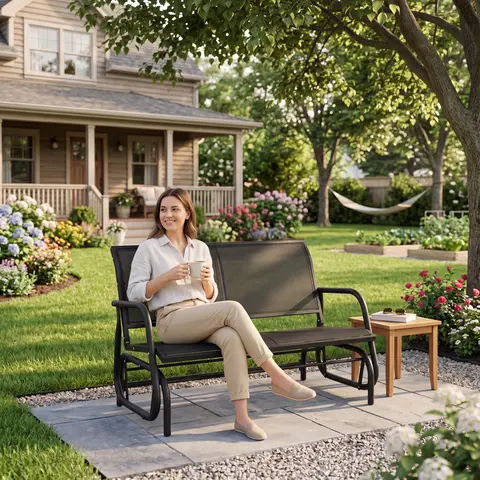 Murago 2-3 Person Outdoor Glider Rocking Chair Bench - Durable Iron Patio Seating with Fixed Arms, Powder-Coated Steel Frame, Waterproof Plastic Seat, Easy-Clean Outside Furniture, Assembly Required Backyard Garden Porch Set