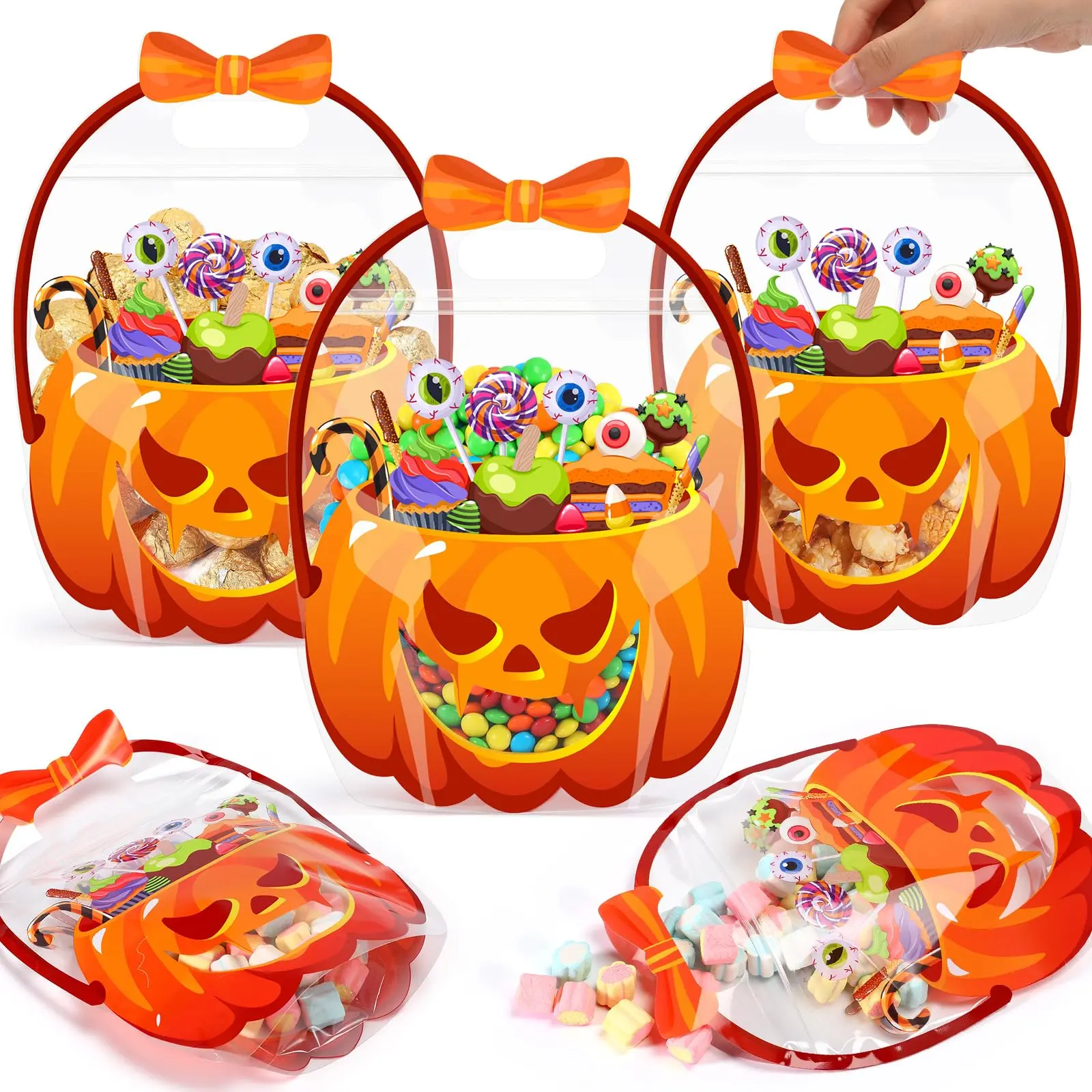 25/50 Pcs Halloween Goodie Bags Plastic Candy Gift Bags with Handle Pumpkin Cauldron Ghost Pattern Transparent Trick or Treat Bags for Teacher Students Office Employee Coworker,Halloween Birthday Party Favor